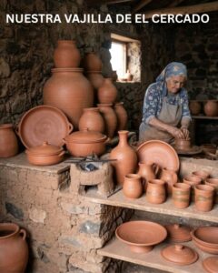 Juego de platos y cuencos de la alfarería de El Cercado, resaltando la textura rústica y el color natural del barro cocido.