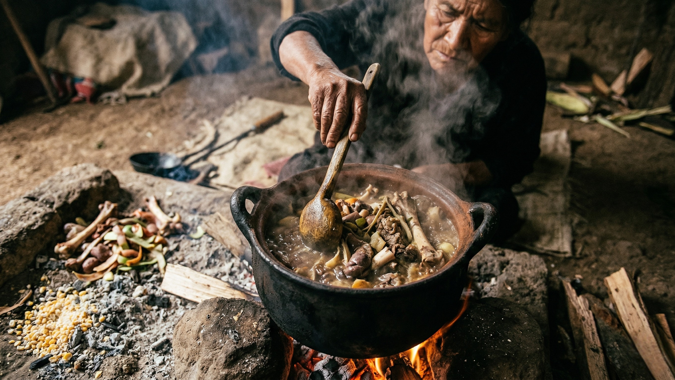 Representación de técnicas ancestrales de procesamiento de alimentos naturales para la supervivencia y transformación de biomasa.