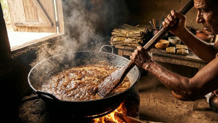 Bloque de piñonate tradicional margariteño envuelto en hoja de mazorca, mostrando su textura densa y color caramelo.