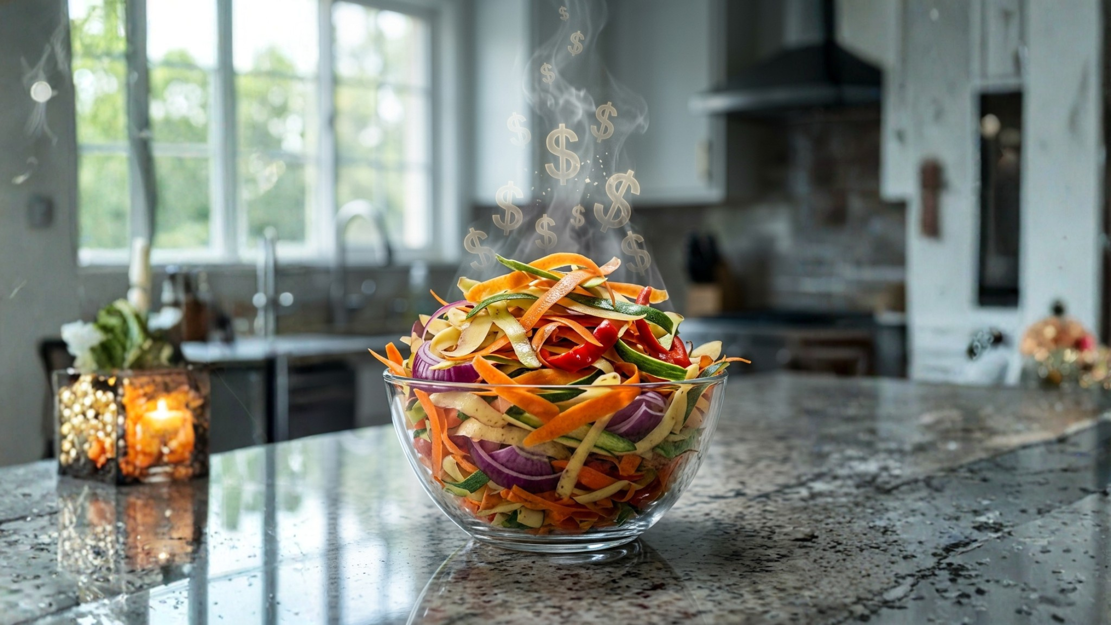 Composición artística de vegetales aprovechados integralmente, desde la raíz hasta la hoja, sobre un fondo de cocina profesional. Gastronomía regenerativa
