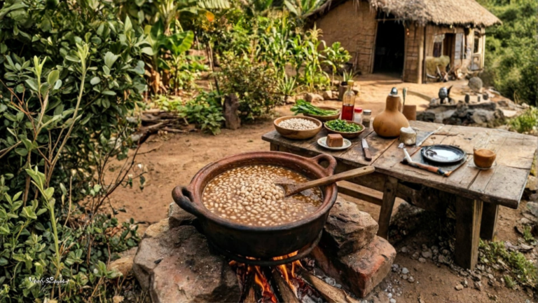 Cazuela de barro con frijoles guisados tradicionales, mostrando el sofrito criollo y una textura cremosa lista para servir.