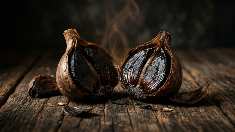 Cabezas de ajo negro enteras y dientes pelados de textura untuosa donde se aplica la ciencia del ajo negro.