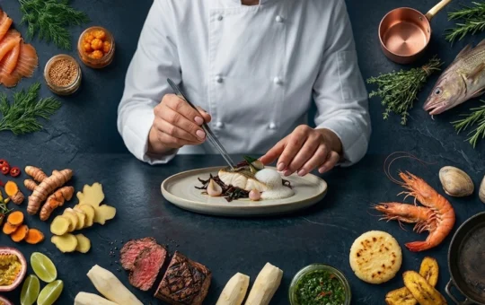 A dramatic composition showing a symbolic Atlantic culinary journey: European classical cooking elements (fish, copper pots, herbs), Nordic smoked salmon and pickled textures, Caribbean spices (chili, turmeric, tropical ingredients), South American grilled meats and cassava, and Venezuelan coastal cuisine elements (seafood, maize, plantain, traditional budare).